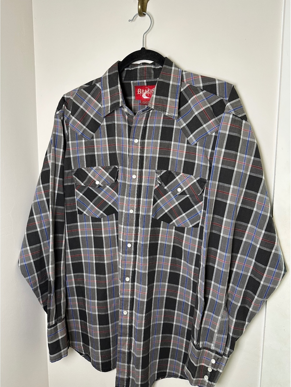Vintage Brazos Plaid Cowboy Shirt Pearl Snap Grey Black- Size Large